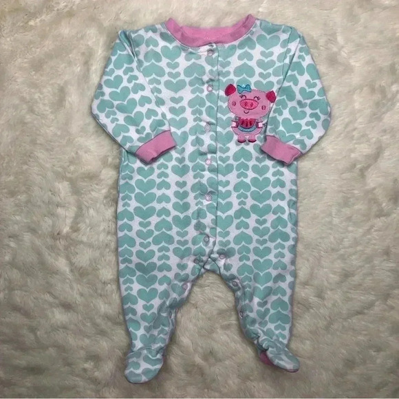 Pekkle Footed Onesie Pajamas White / Blue / Pink Hearts  / Pig Size 3 Months - Picture 1 of 16